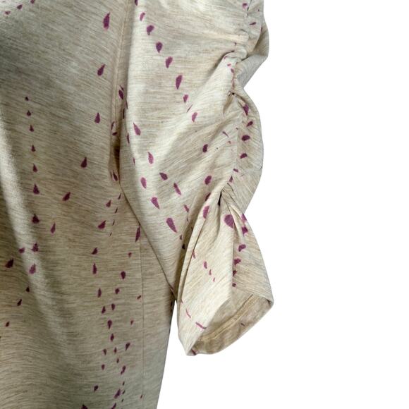 Democracy Top Womens Small Heather Tan Purple Abstract Print Ruched Sleeve - Picture 4 of 16